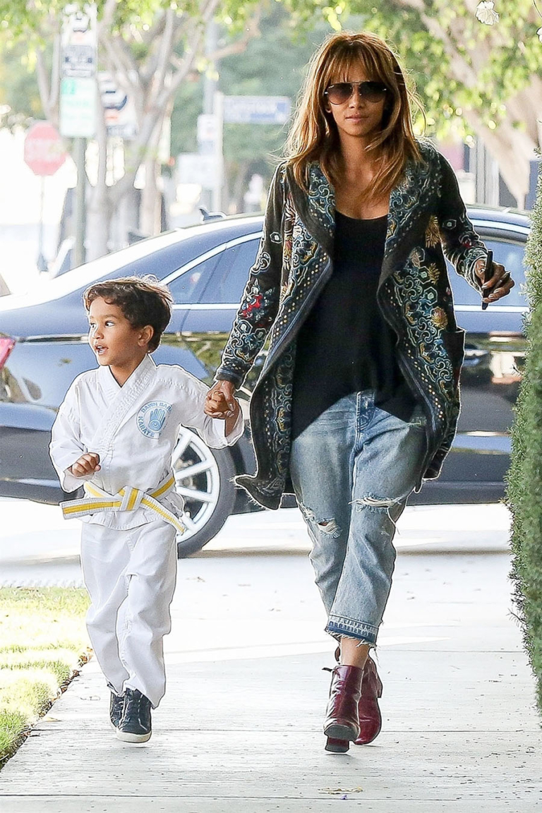 Actress Halle Berry is seen picking up Maceo from karate class in