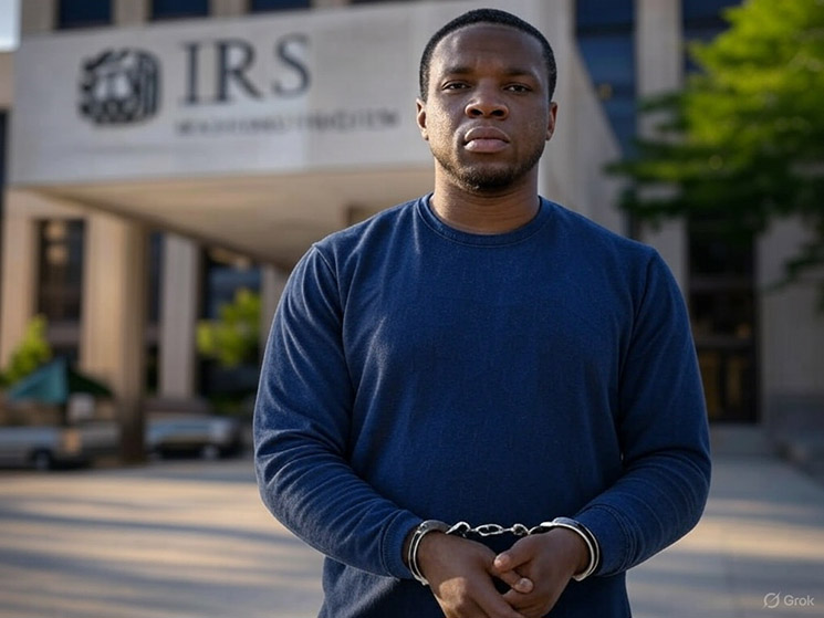 Photo of man in handcuffs outside IRS building