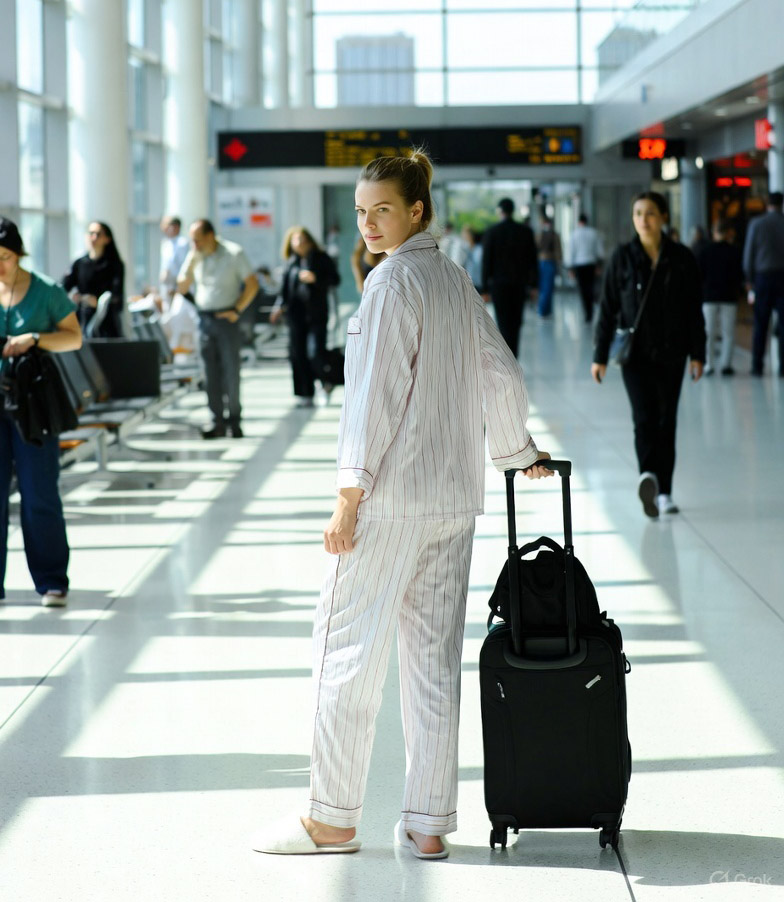 Photo of air traveler wearing pajamas at airport