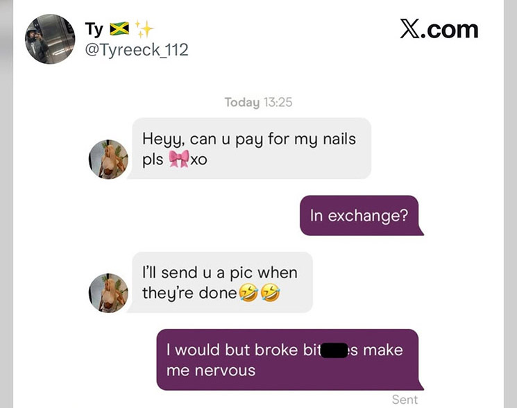 Photo of woman begging man for money