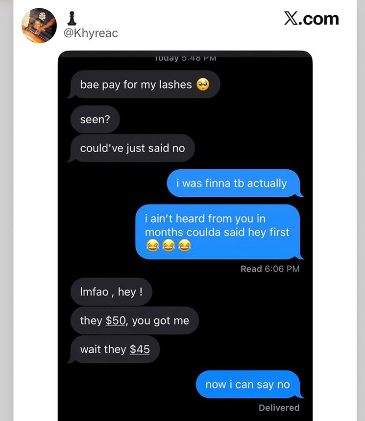 Photo of woman begging man for money