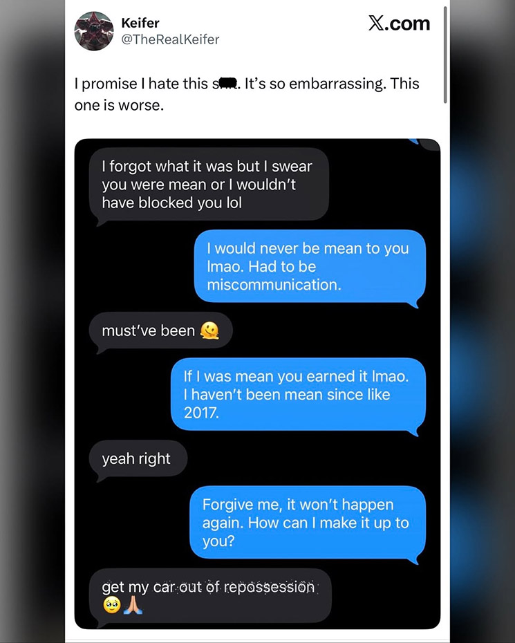 Photo of woman begging man for money