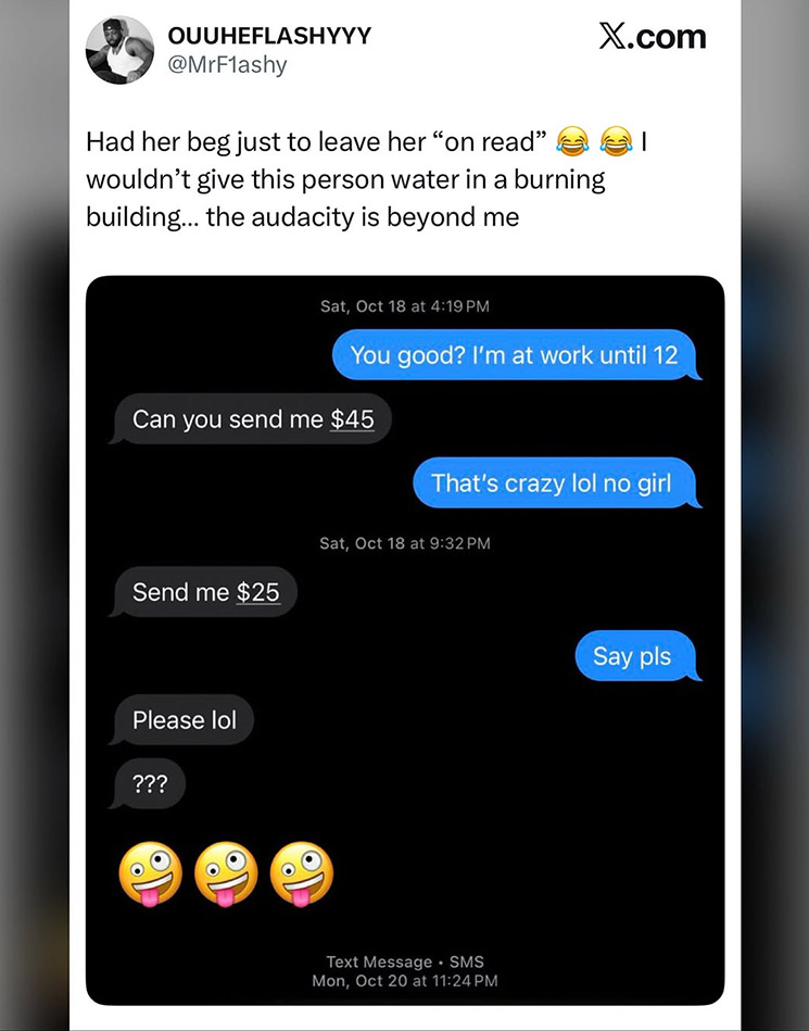 Photo of woman begging man for money