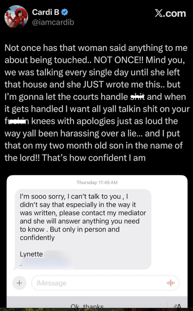 Photo of Cardi B post about Mila Adams