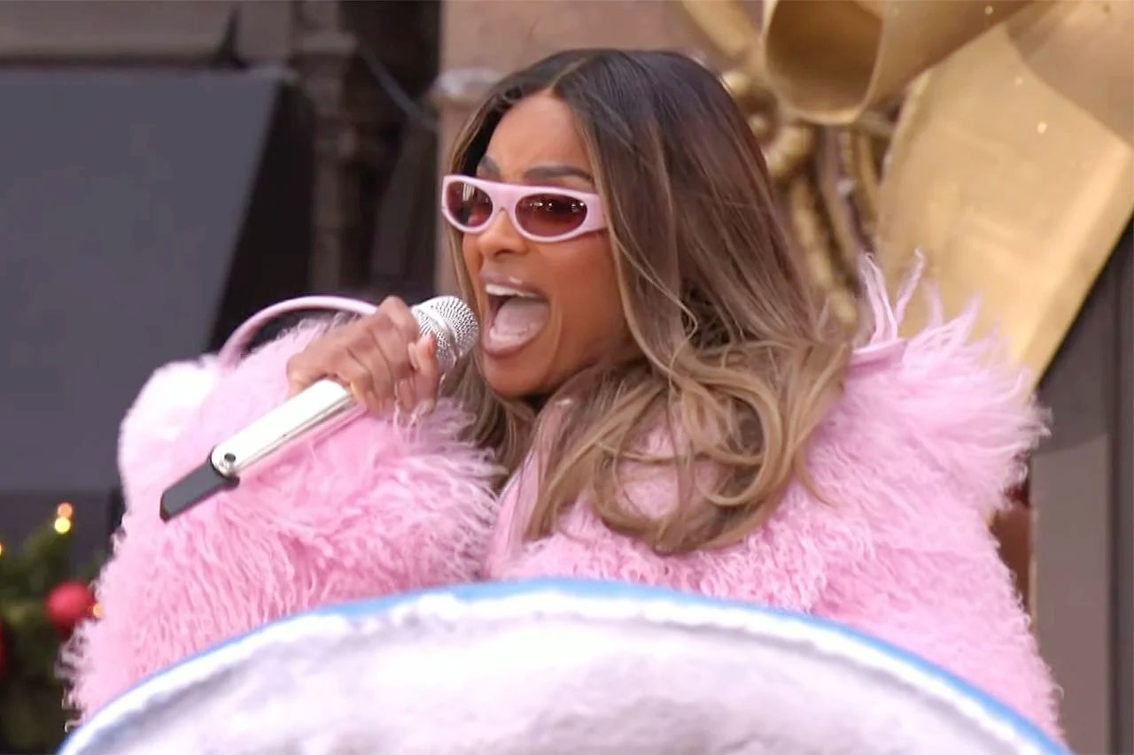 Photo of Ciara lip-syncing at Macy's Thanksgiving Day Parade