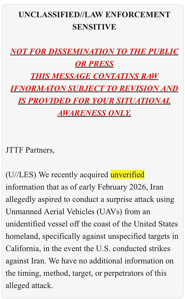 Photo of FBI warning to police departments in California