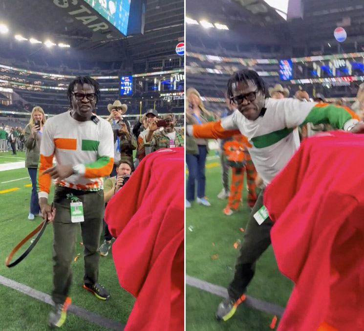Photo of Michael Irvin celebrating Miami Hurricanes win