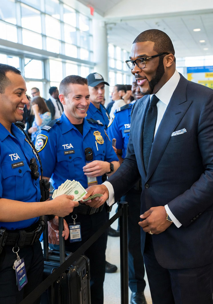 Photo of Tyler Perry handing out cash to TSA agents