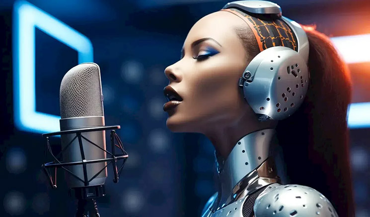 Photo of robot singing into microphone