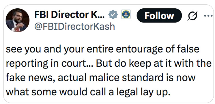 Photo of Kash Patel post on X