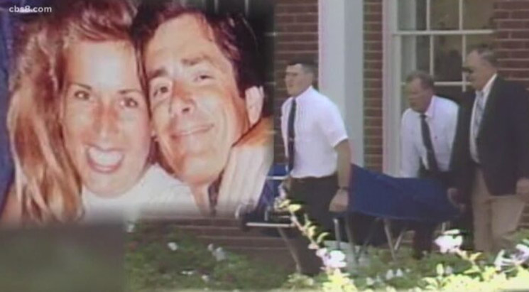Photo of coroner removing Dan and Linda Broderick's bodies from the house