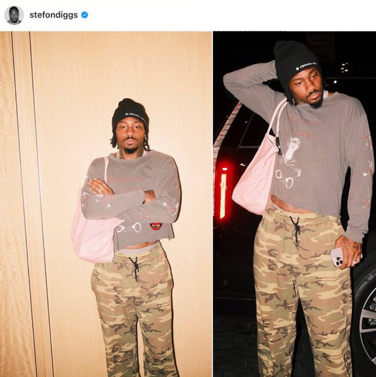 Photo of Stefon Diggs wearing a pink purse and cropped top