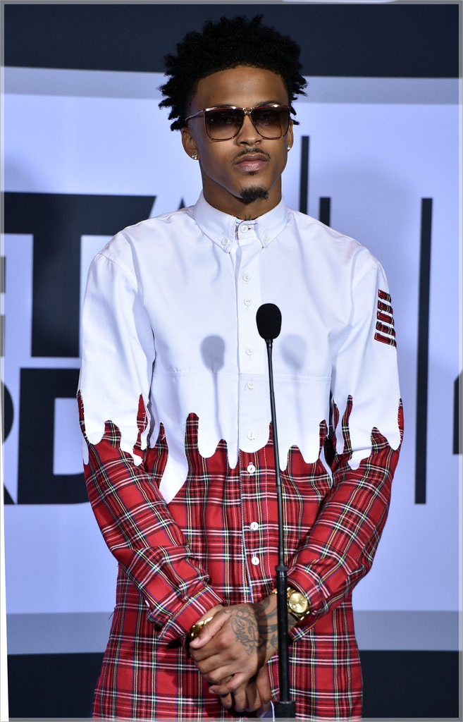 August Alsina wearing Roper red plaid with dip detail shirt1