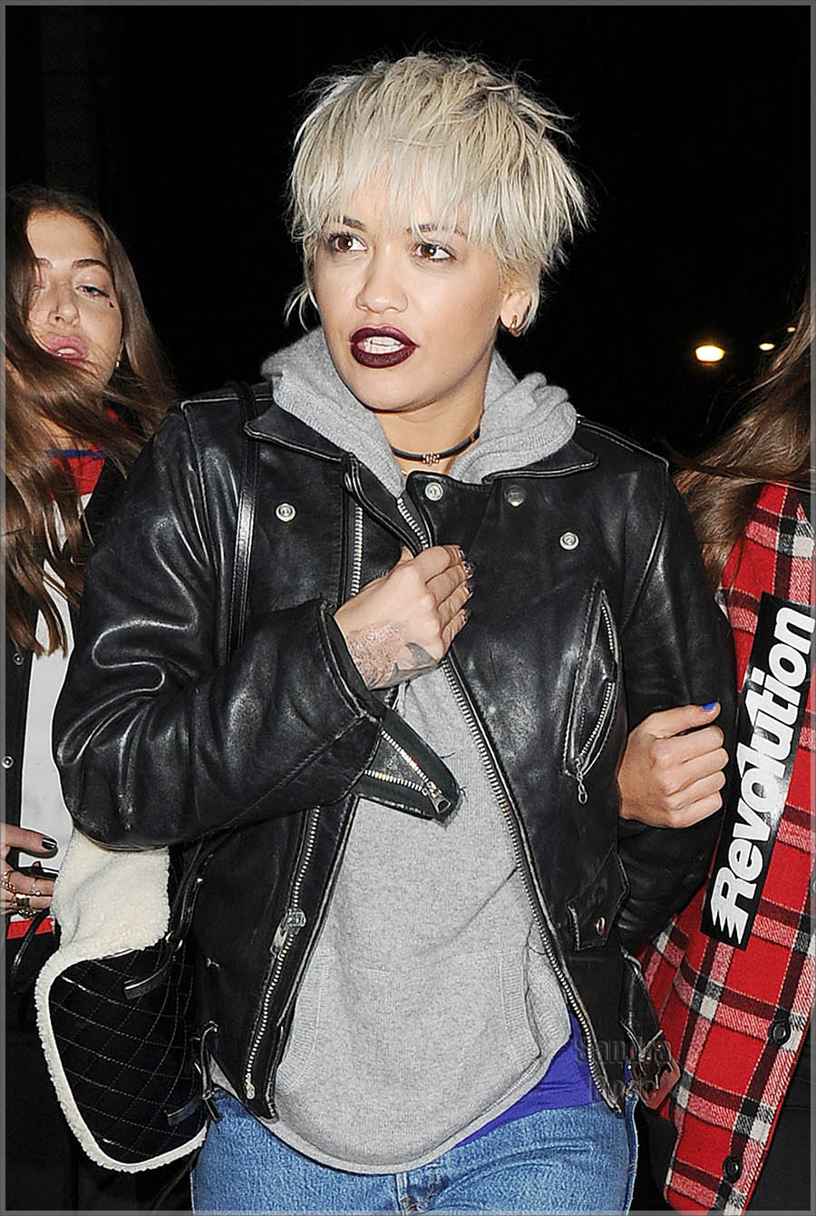 Rita Ora shows off her new blonde bob haircut, as she leaves Pizza Express in Notting Hill, with sister Elena Ora, and close friend Vas J Morgan