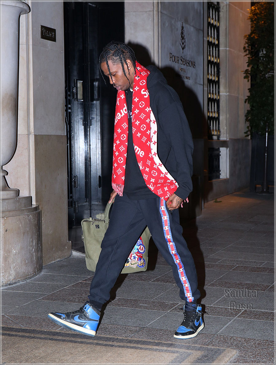 Travis Scott arrives at the George V Hotel, wearing Louis Vuitton