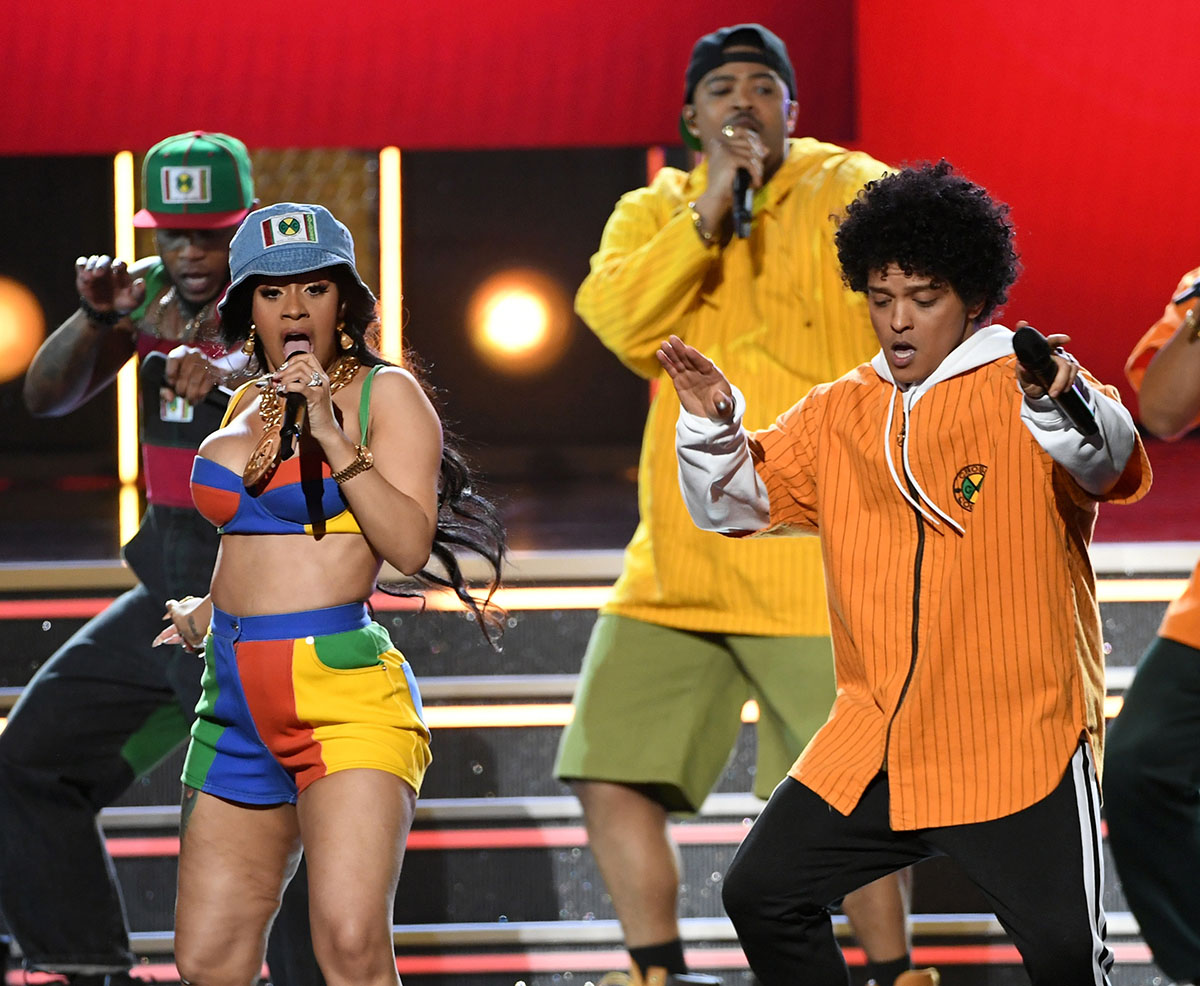 Cardi B (L) and Bruno Mars perform during the 60th Annual GRAMMY Awards
