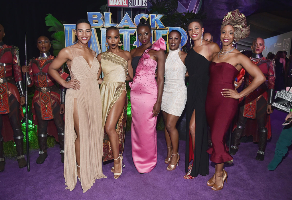 Danai Gurira (C) and 'The Dora Milaje' actors at the Los Angeles World Premiere of Black Panther