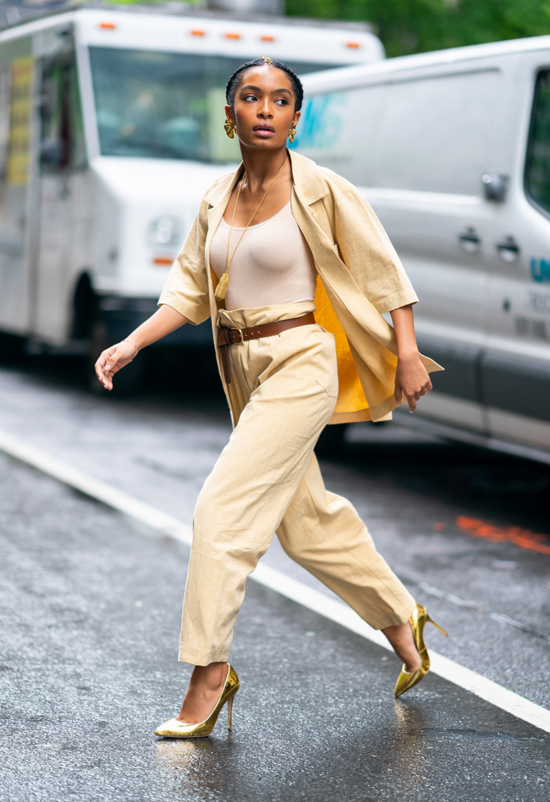 Yara Shahidi is seen wearing Nanushka with Guiseppe Zanotti shoes in ...