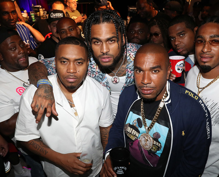 (L-R) Rappers Nas, Dave East, and N.O.R.E. attend Nas’ “The Lost Tapes ...