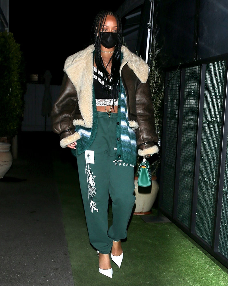 Rihanna looks stylish in green as she exits her solo dinner in Santa ...