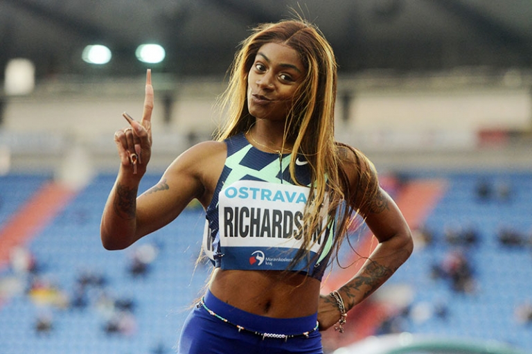 USA’s Sha’Carri Richardson celebrates winning the women’s 200m race at