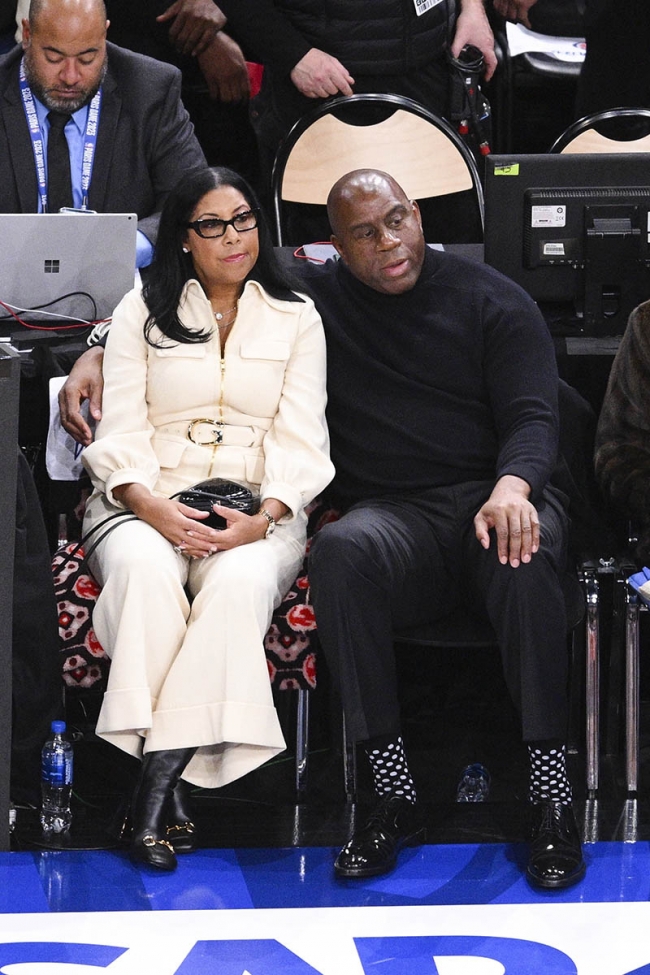 Magic and Cookie Johnson attend the Paris NBA 2023 Basketball game ...