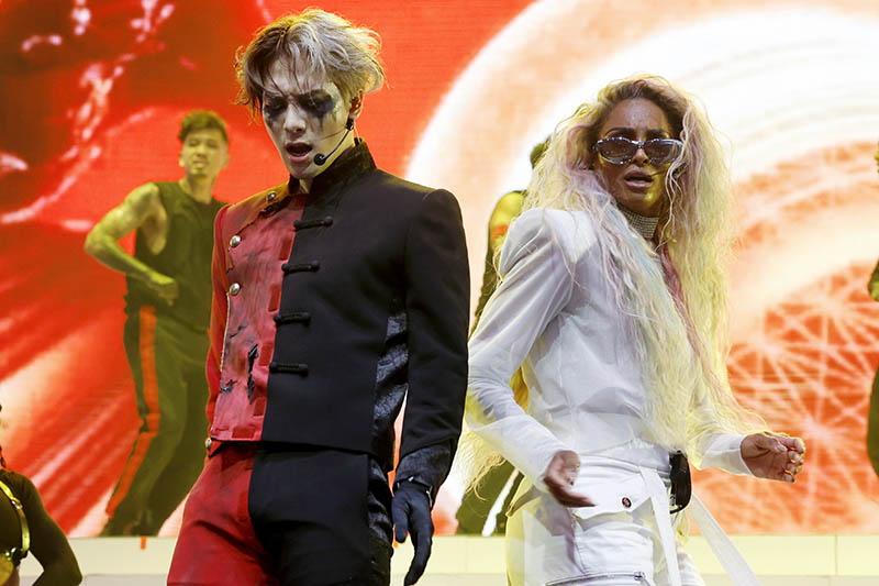 INDIO, CALIFORNIA – APRIL 16: (L-R) Jackson Wang and Ciara perform at the  Sahara Tent during the 2023 Coachella Valley Music and Arts Festival on  April 16, 2023 in Indio, California. (Photo