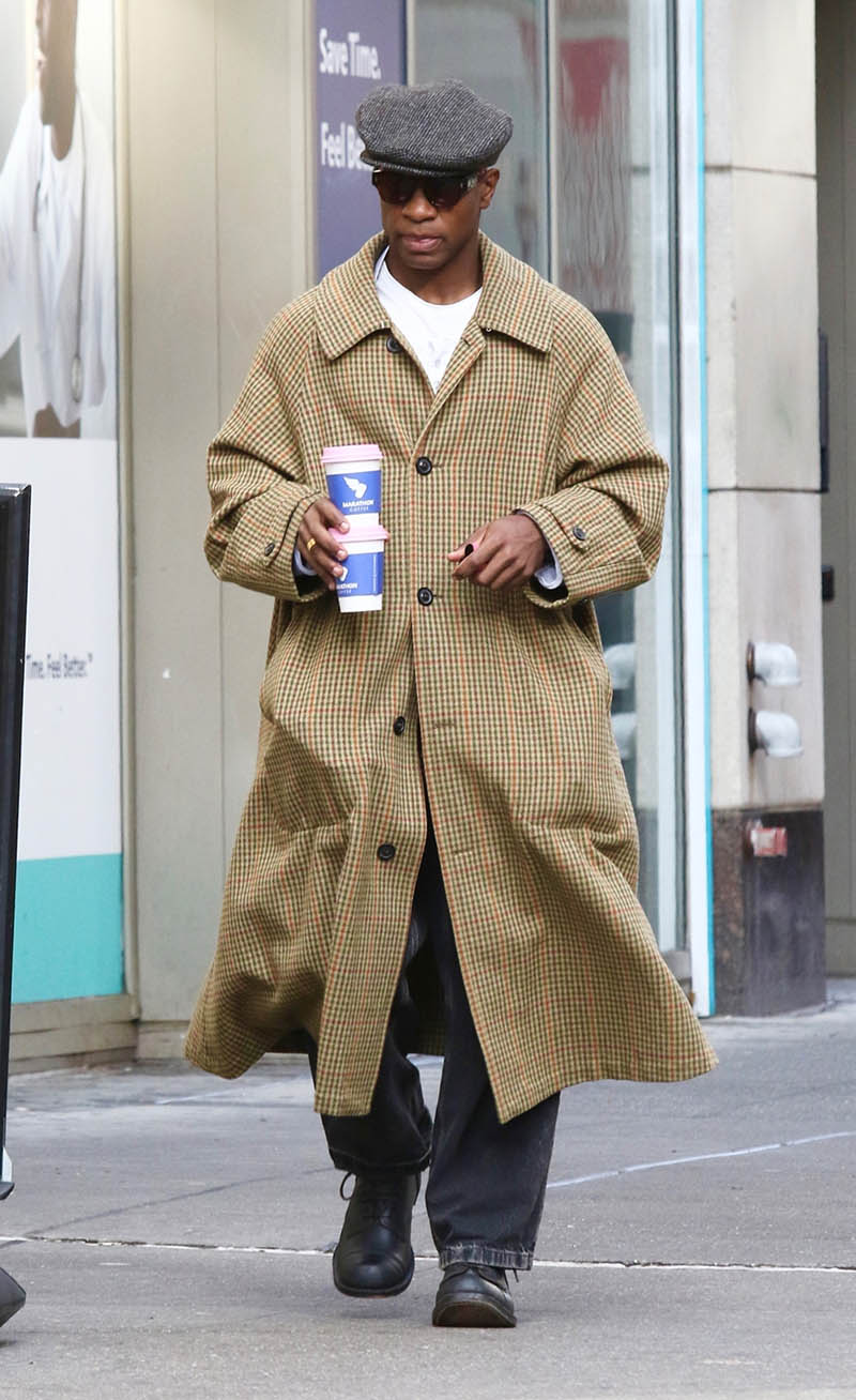 Exclusive Jonathan Majors Was Spotted Drinking Coffee And Dressed In A Stylish Tweed Long Coat
