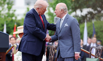 WASHINGTON, DC – APRIL 28: U.S. President Donald Trump and King Charles III shake hands during the State Arrival Ceremony on the South Lawn on day two of the State Visit of King Charles III and Queen Camilla to the United States of America, on April 28, 2026 in Washington, DC. Their majesties are formally welcomed with a traditional military arrival ceremony on the South Lawn of the White House, the highest diplomatic honour extended by the United States to a visiting Head of State which dates back to the 18th century. (Photo by Chris Jackson/Getty Images)