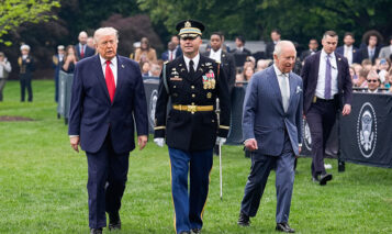 President Donald J Trump and King Charles III review the troops during a State Arrival Ceremony on the South Lawn of the White House in Washington, DC, USA, on March 28, 2026. Photo credit: ZUMAPRESS.com / MEGA