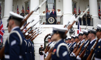 President Donald J Trump and King Charles III review the troops during a State Arrival Ceremony on the South Lawn of the White House in Washington, DC, USA, on March 28, 2026. Photo credit: ZUMAPRESS.com / MEGA