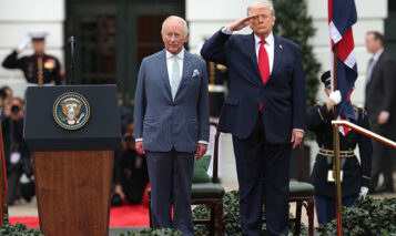 WASHINGTON, DC – APRIL 28: King Charles III stands with U.S. President Donald Trump as he salutes during the national anthem during a state arrival ceremony on the South Lawn of the White House on April 28, 2026 in Washington, DC. President Trump and King Charles III will participate in a number of activities including a bilateral meeting in the Oval Office, with the king later addressing a joint meeting of the United States Congress. (Photo by Kevin Dietsch/Getty Images)