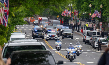 King Charles and Queen Camilla’s motorcade travels down 17th Street as they head to the U.S. Capitol for King Charles’ speech to a joint session of Congress. Photo credit: ZUMAPRESS.com / MEGA