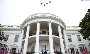 WASHINGTON, DC – APRIL 28: US President Donald Trump, first lady Melania Trump, King Charles III and Queen Camilla watch a flyover of military planes during an arrival ceremony on the South Lawn of the White House on day two of the State Visit of King Charles III and Queen Camilla to the United States of America, on April 28, 2026 in Washington, DC. King Charles III and Queen Camilla will visit the nation’s capital, New York City, and Virginia during the trip arranged to celebrate the United States of America’s 250th anniversary of its independence. (Photo by Henry Nicholls – Pool/Getty Images)