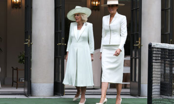 WASHINGTON, DC – APRIL 28: Queen Camila and First lady Melania Trump attend a cross-cultural educational event at the White House Tennis Pavilion at the White House on April 28, 2026 in Washington, DC. President Trump and King Charles III will participate in a number of activities including a bilateral meeting in the Oval Office, with the king later addressing a joint meeting of the United States Congress. (Photo by Kevin Dietsch/Getty Images)