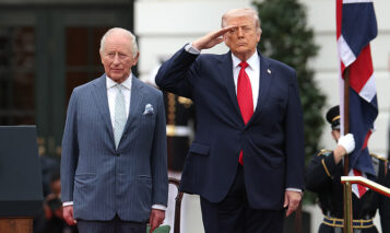 WASHINGTON, DC – APRIL 28: King Charles III stands with U.S. President Donald Trump as he salutes during the national anthem during a state arrival ceremony on the South Lawn of the White House on April 28, 2026 in Washington, DC. President Trump and King Charles III will participate in a number of activities including a bilateral meeting in the Oval Office, with the king later addressing a joint meeting of the United States Congress. (Photo by Kevin Dietsch/Getty Images)