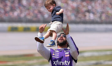 TALLADEGA, ALABAMA – APRIL 26: Bubba Wallace, driver of the #23 Xfinity Toyota, spends time with his son, Becks Hayden Wallace on the grid prior to the NASCAR Cup Series Jack Link’s 500 at Talladega Superspeedway on April 26, 2026 in Talladega, Alabama. (Photo by David Jensen/Getty Images)